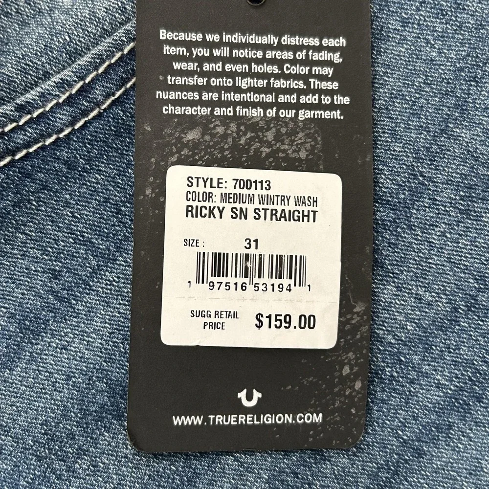 True Religion Ricky Relaxed Straight Jeans Mens 32x34 Blue Medium‎ Denim Wash